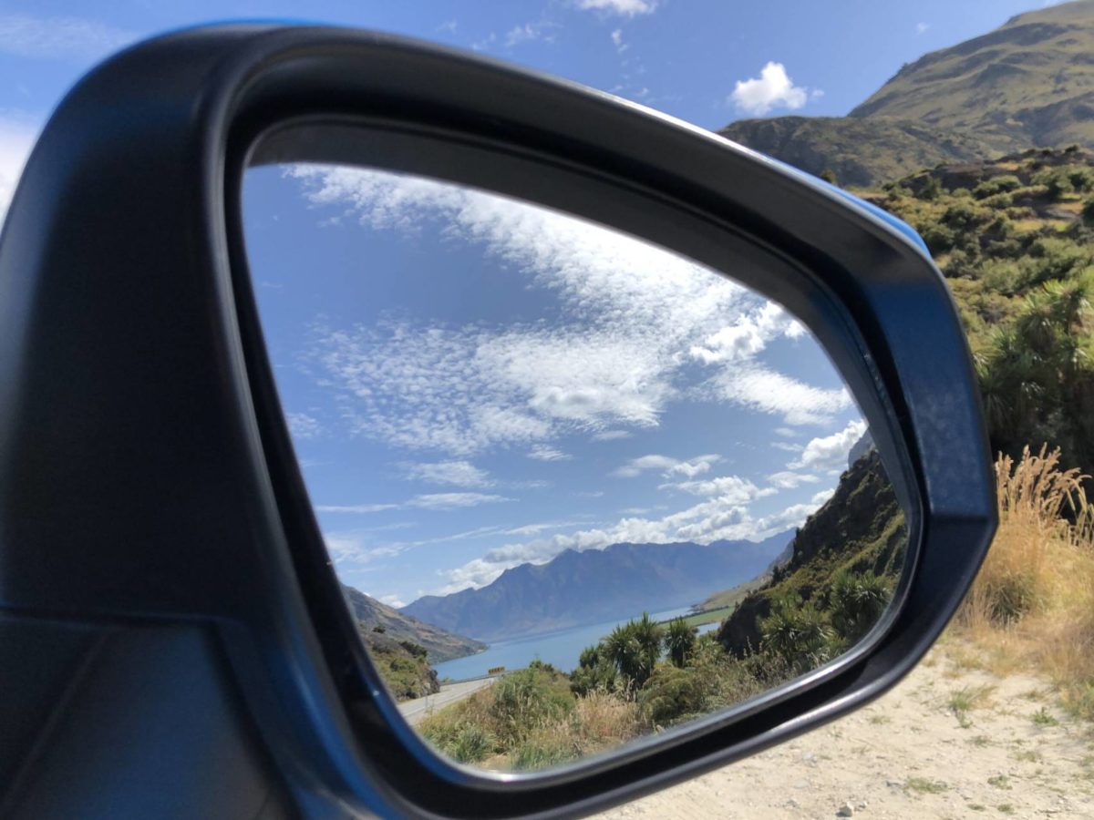 Nya Zeeländskt landskap i bilens sidospegel