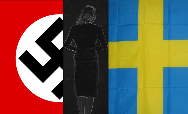 Nazistsymbol till vänster, bild av en kvinna i mitten, svenska flaggan till höger