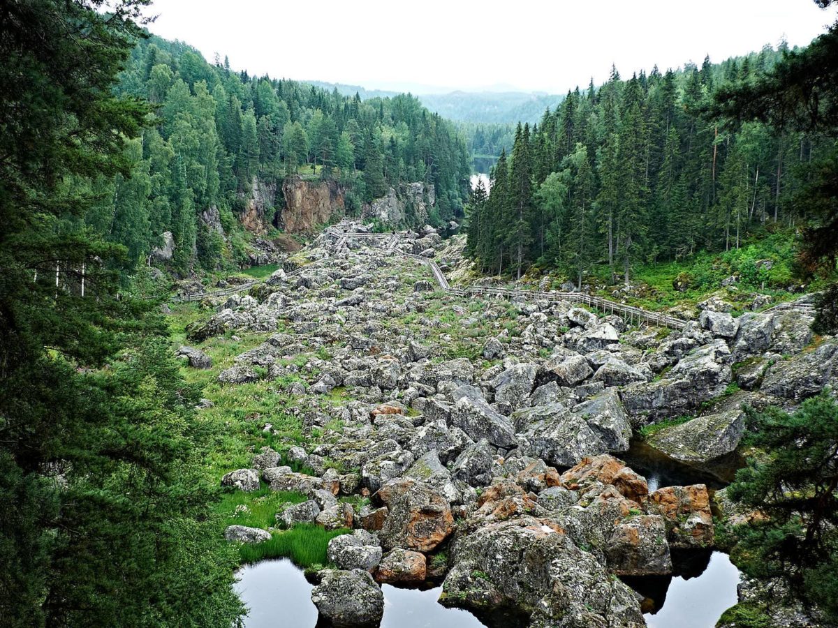 Döda fallet kallas det område där Storforsen dånade för mer än tvåhundra år sedan. För att underlätta för turister finns träspångar utlagda.
