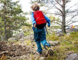 Lekande pojke i skogen