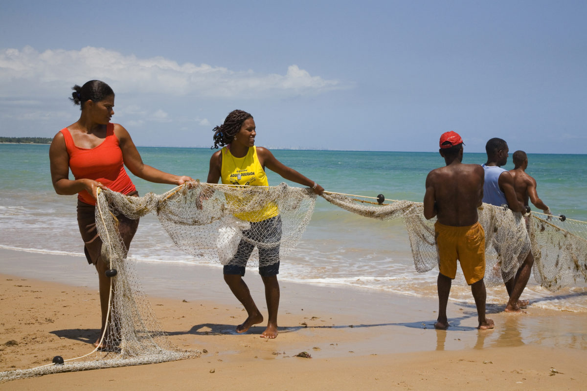 Många bybor hjälper till att dra upp ett nät på stranden