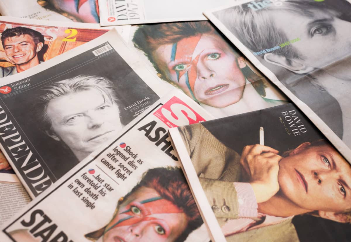 Edinburgh, UK - January 12, 2016: The front pages of several British newspapers, published following the death of David Bowie on 10th January 2016.